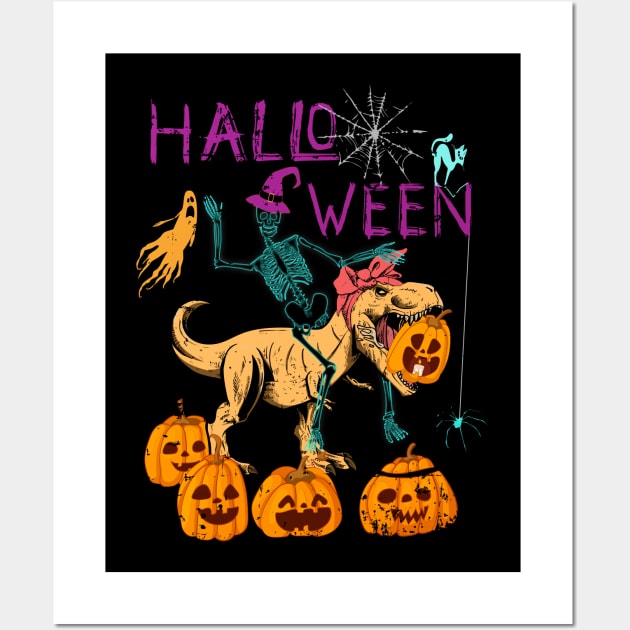 Halloween Skeleton Riding Dinosaur with Messy Bun Wall Art by alcoshirts